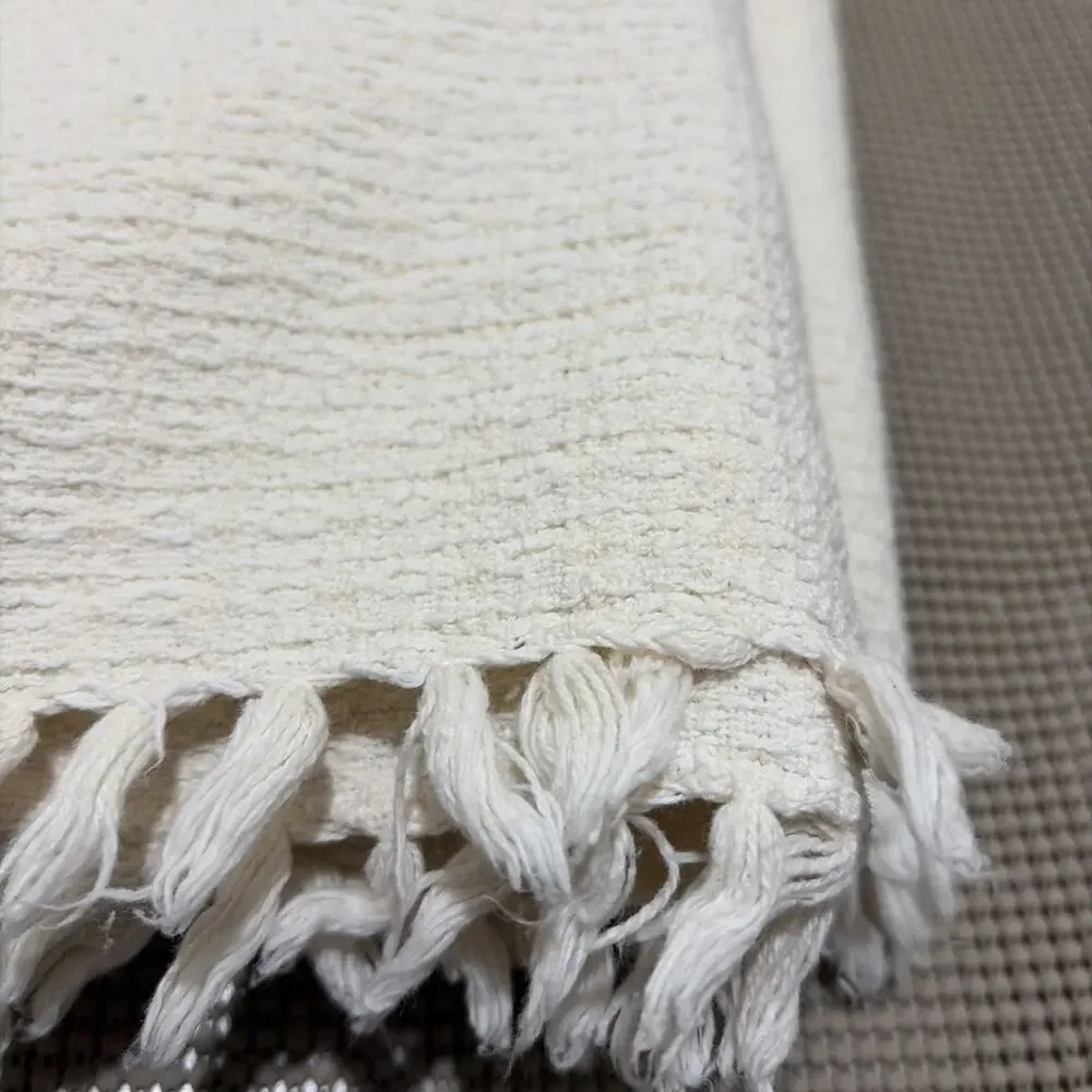 Oversized Cream Throw Blanket Textured Woven Cotton Fringe Edges 76x52 Vintage